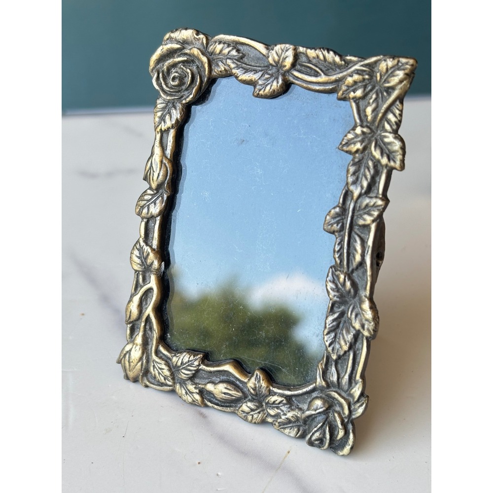 Vintage Ornate Rose Vine Miniature Picture Frame Antiqued Brass Cast Metal